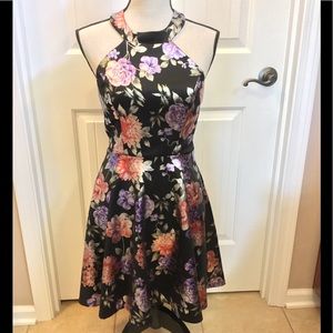 NWT B Darlin 7/8 satin floral dress black purple